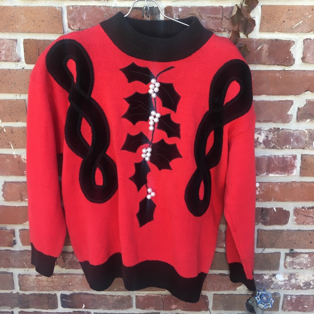 Vintage red Christmas sweater w pearls and velvet